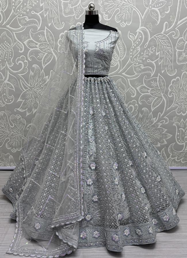 Net Grey Bridal Wear Embroidery Work Lehenga Choli